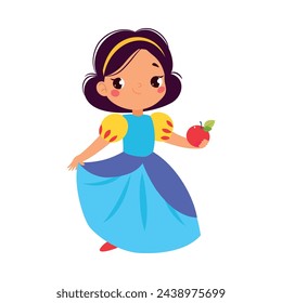 Girl Snow White in Pretty Dress with Apple as Fairy Tale Character Vector Illustration