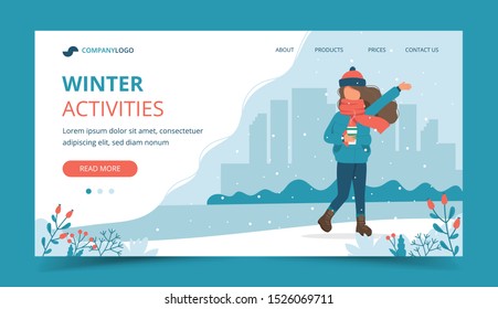 Girl with snow in winter with coffee cup. Cute vector illustration in flat style