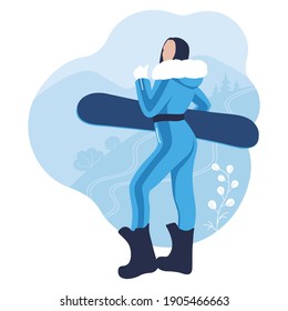 Girl with a snowboard in his hands. Women's snowboard. Flat design. Vector illustration on a white background.