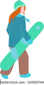 Girl with a snowboard, winter sport, snowboarder, woman with a snowboard isolated on white background