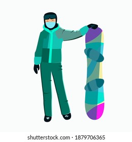 Girl snowboarder with a board for skiing in a mask