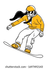 Girl snowboarder in helmet illustration in flat line design isolated on white background. Young woman riding on snowboard. Winter extreme sports and recreational activity.