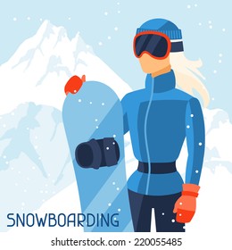 Girl snowboarder on mountain winter landscape background.