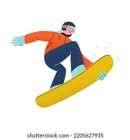 A girl snowboarder rides a snowboard. Springboard jump. Winter activities. Wintersports. Extreme sport. Vector Flat illustration.