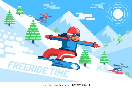 Girl snowboarder rushes down on slope among the firs - freeride. In the background, mountains. Vector illustration flat style.