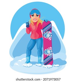Girl snowboarder in a ski siut, hat, ski glasses, gloves and boots stands and keeps a snowboard on the mountain background. Cartoon character, simbol, emblem, sticker. Winter extreme sports