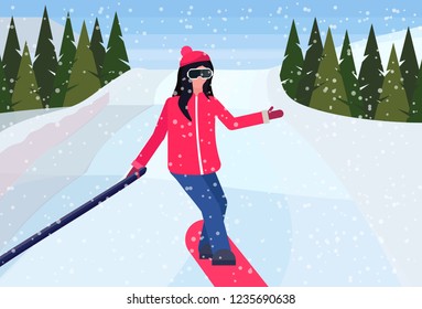 girl snowboarder sliding down taking selfie photo snowy mountain hill fir tree landscape woman snowboarding winter vacation concept flat horizontal