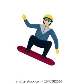Girl snowboarder in a yellow ski helmet and glasses going down. Isolated flat vector illustration.