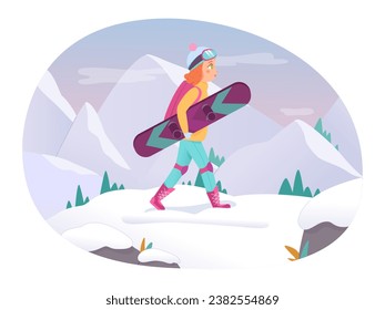 Girl snowboarding in mountain landscape vector illustration. Cartoon isolated scene in cold winter with female character walking with snowboard to ride down slope, cute happy active woman with board