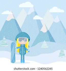 Girl with snowbord equipment on resort. Snow mountains landscape in flat cartoon style. Vector illustration.
