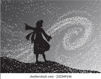 Girl In The Snowfall Looking At The Snow Swirl, Gerda, Fairytale The Snow Queen, Shadows