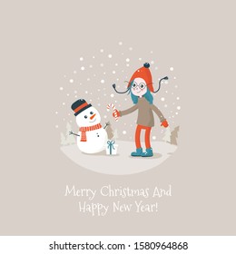 Girl and snowman. Flat bright vector illustration, cartoon doodle, child making snowman. Trees, flakes, snow in circle.  Christmas and New Year cute card.