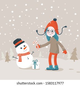 Girl and snowman. Flat bright vector illustration, cartoon doodle, child making snowman. Trees, flakes, snow in circle.  Christmas and New Year cute card.