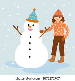 A girl with snowman. Flat design. Character illustration. Christmas and Happy New Year theme.