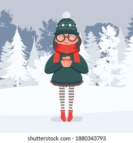 A girl in a snowy forest drinks a hot drink. A woman in warm winter clothes holds a cup in her hands. Ready-made postcard for a winter theme. Vector illustration.