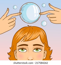 Girl with soap bubbles around head, conceptual image, lot of ideas, eps10
