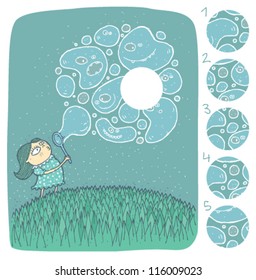 Girl with Soap Bubbles Mind Game Puzzle ... Task: Find the right missing part of a picture! ... Solution: No. 4