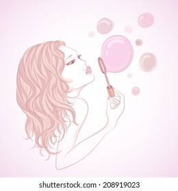 girl and soap bubbles. Vector illustration