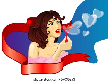 Girl with soap-bubbles as hearts