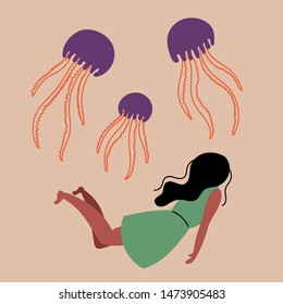 Girl soars with jellyfish. Levitating. Editable vector illustration