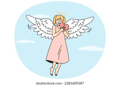 Girl soars in sky hugging heart, smiling. Joyful angel with wings, halo flies in heaven, gives people hope, love, consolation, peace, healing, care. Charity, benefaction, volunteering vector concept.