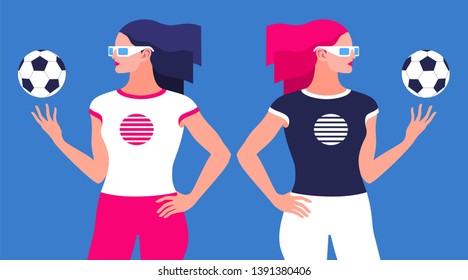 Girl with a soccer ball. Two female characters, a brunette and a redhead. Fitness trainer, fitness instructor, physical education teacher or football lover. Vector illustration