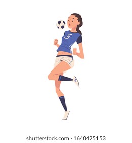 Girl Soccer Player Character, Young Woman in Sports Uniform Playing Football Vector Illustration