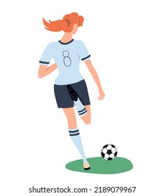 Girl Soccer Player Running Kicking A Ball With The Number 8 On A T-shirt. Back View. Woman Playing Football. Colorful Female Character Isolated On White Background. Vector Illustration.