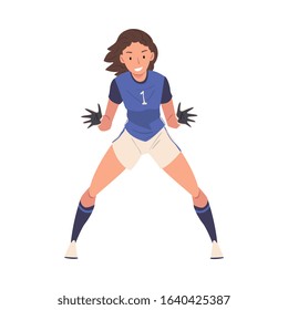 Girl Soccer Player, Young Woman in Sports Uniform, Female Goalkeeper Character Vector Illustration