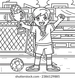 Girl with Soccer Trophy and Medal Coloring Page 