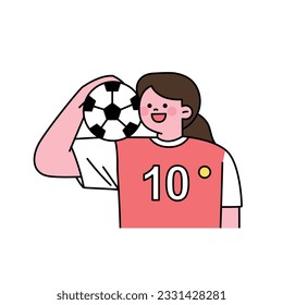 Una chica con uniforme de fútbol y una pelota en el hombro. ilustración simple del vector de esquema.