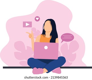 girl social work on laptop flat illustration vector