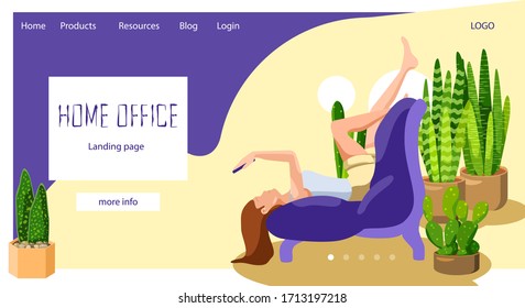 Chica en el sofá con fondo blanco. Página de inicio con espacio de copia para banner social, vacante de trabajo remoto, tarjeta de información del sitio web, cambio de trabajo. Plantilla web o página de información. Ilustración vectorial de estilo plano