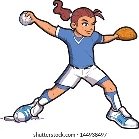 Girl Softball Baseball Pitcher With Ponytail And Proper Form