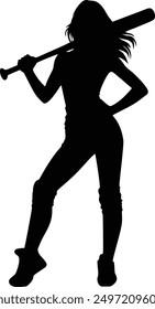 Girl softball player silhouette with bat pose vector graphic