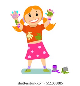 Girl soiled in a paint. Vector cartoon kid character isolated on white background.