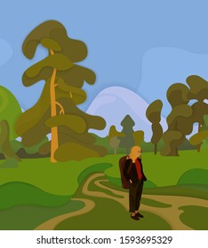 Girl in a solitary hike in a nature.Vector illustration