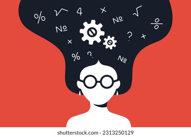 the girl solves a mathematical problem in her head. flat vector illustration.