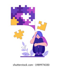 The girl solves a problem, looking for a solution by collecting puzzles. Vector illustration in flat cartoon style.