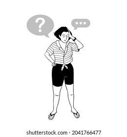 Problema de solución de niñas, mujer pensante con signo de interrogación y burbuja mental, ilustración vectorial de mano.
