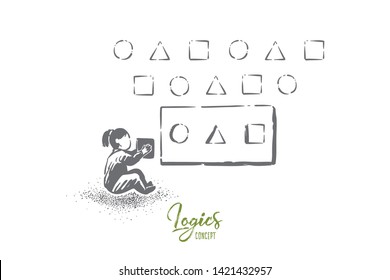 Girl solving puzzle, different shapes and blocks, educational game for kids, intellectual growth tool. Development of child mind, kids entertainment concept sketch. Hand drawn vector illustration