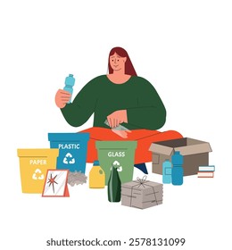 Girl is sorting garbage. Sorting plastic,paper, glass. Zero waste vector concept, template, design for banner, card, poster Sustainable lifestyle concept illustration