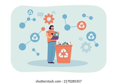 Girl sorting trash for recycling flat vector illustration. Eco activist throwing recyclable garbage into recycling in bin. Ecology, waste concept for banner, website design or landing web page