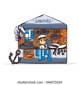 Girl souvenir seller in naval uniform. Tent with souvenirs. Souvenir shop. Hand drawn cartoon vector illustration.