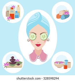 Girl spa beaty & health illustration on blue background