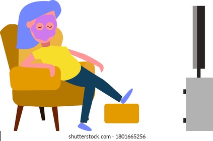 The girl in spa mask on face  is sitting in a chair at home in front of the TV