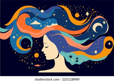 Girl with space dreams. Women with the universe of starry night in their hair. Concept in flat color graphic. Vector illustration