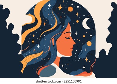 Girl with space dreams. Women with the universe of starry night in their hair. Concept in flat color graphic. Vector illustration