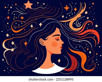 Girl with space dreams. Women with the universe of starry night in their hair. Concept in flat color graphic. Vector illustration