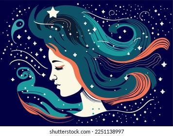 Mädchen mit Weltraumträumen. Frauen mit dem Universum der Sternennacht im Haar. Konzept in flacher Farbgrafik. Vektorgrafik